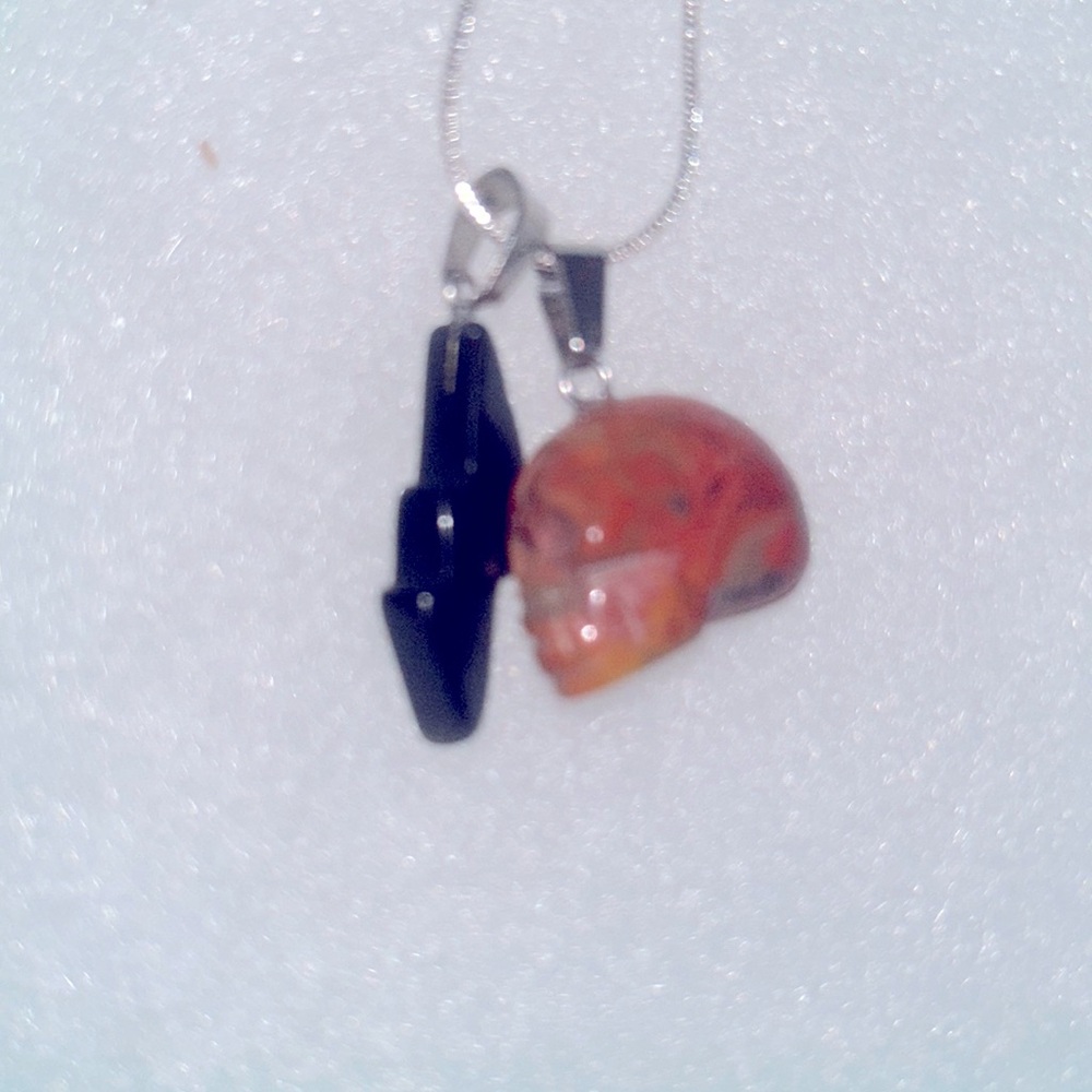 Gothic Carnelian Skull and Onyx Lightnjng Bolt Sterling Silver Necklace 16”